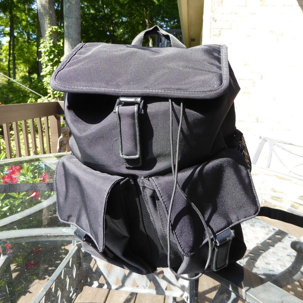 Studio Black Drawstring Flap Backpack Nylon Bookbag Commuter Bag W Mesh Pockets